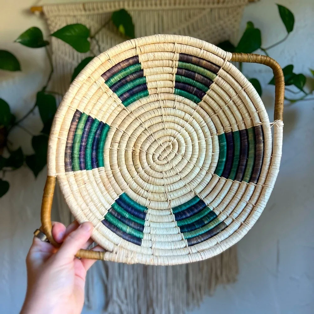Large Woven Rattan Basket Bowl with Handles – Boho Farmhouse Wall or Table Décor